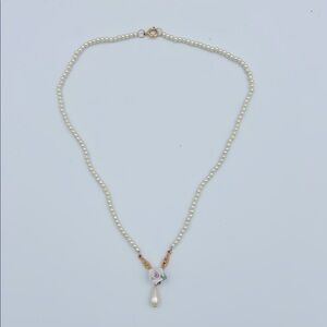 1928 Dainty Elegant Faux Pearl Flower Bridal Necklace with Gold Accents